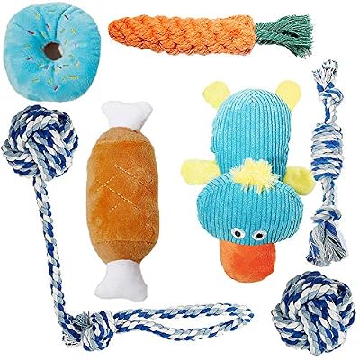 Toozey Jouet Chiot Chien- 7 Pcs Jouets Durables pour Chiens pour Chiots/Petits Chiens. Jouet à Mâcher Corde de Dentition pour Chiot et Jouet de Chien en Peluche avec Sac à Linge - Coton Naturel