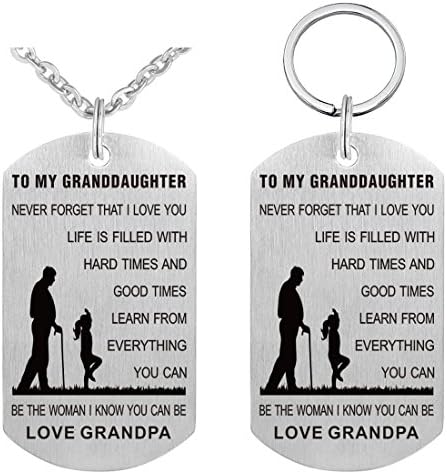 Pendant Necklace &amp; Keychain Set - Grandpa To Granddaughter Girl Dog Tag Military Stainless Steel Necklace "Never Forget That I Love You, Be The Women You Can Be"