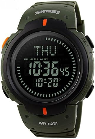Compass Waterproof 50M Sports Digital Mens Watch Big Dial World Time Stopwatch Alarm Outdoors Multifunction Electronic Wristwatch-Green