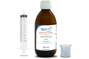 Dióxido de Cloro Agualab 250ml Vidrio 3000 PPM - PH Neutro con agua ultra pura. Fabricado en laboratorio español registrado. Ahora Jeringa Gratis - R.O.E.S.B.A. 24-20/40/90-12176