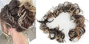 Raaya Synthetic Curly Hair Frill Extension For Ponytail Bun Juda Maker For Girls And Women Pack Of 1 (Golden Highlighted)