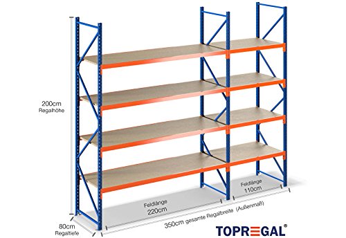 Lagerregal 3,5m breit, 2m hoch, 80cm tief, 4 Ebenen mit Holzböden - Schwerlastregal Weitspannregal