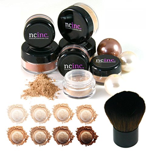MEDIUM SKIN 8pc Bare Naked Skin Mineral Makeup Set (Large) by NCinc. + Kabuki Brush. Minerals Makeup Starter Kit