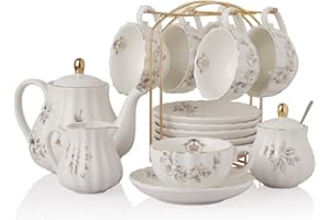 British Royal Series Service à thé en porcelaine avec tasses et soucoupe pour 6 personnes 225 ml avec théière, sucrier, pichet à crème, cuillères à café et passoire à thé