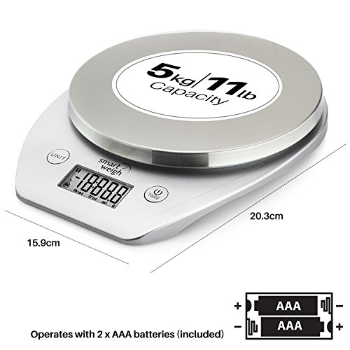Smart Weigh Raffinierte, multifunktionelle Küchen- und Lebensmittel-Waage mit Edelstahl-Plattform, großem LCD-Display und sechs Wiegeeinstellungen, 5kg / 11lb x 1g / 0,1 Unzen - 7