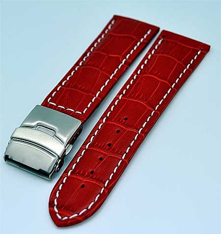 Uhrenarmband mit Faltschliee 22mm rot mit weisser Naht 3944 Uhrenarmband mit Faltschliee 22mm rot mit weisser Naht 3944
