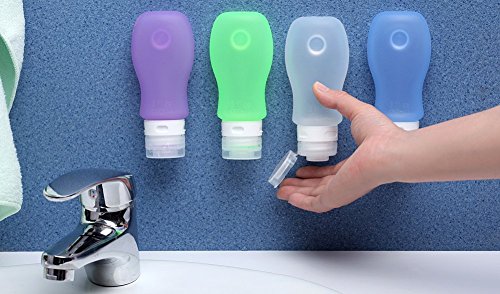 Pure Vie® Silikon Reise Flaschen Set mit Kulturbeutel – 4 Stück / 37ml – Farbige Fläschchen mit Saugnapf und Transparenter Flugzeug Kulturtasche für Handgepäck, Kein Auslaufen, Kosmetiktasche mit Reiseflaschen für Shampoo, Creme, Spülung und Körperpflege - 9
