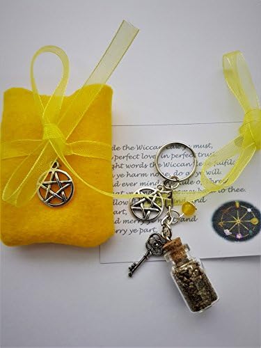 Pagan Witches Bottle ~ Bag Charm Hand Blended ~ ROAD OPENER ~ BANISH OBSTACLES ~ Key Ring ~ Witches Glass Potent Potion Bottle ~ Symbolic Charms ~ Pentagram ~ Trinity ~ Key ~ Yellow Topaz Crystal ~ Gemstone