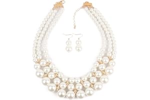 Borsgye Pearl Strand Choker Necklaces Pearl Statement Round Beads Necklace Bib Big Simulated Pearl Women's Faux Pearl Choker 20s Flapper for Brides Wedding Anniversary with Earrings - 6160