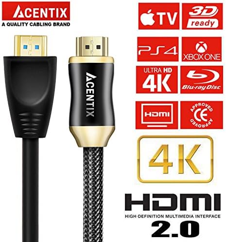 ACENTIX 1.5M PREMIUM 4K HDMI Cable High Speed PRO GOLD HDMI Cable v2.0/1.4a 3D 2160p PS4 SKY HD 4K@60Hz Ultra HD - 28AWG Braided Cord - High Speed 18Gbps - Gold Plated Connectors - Ethernet, Audio Return - Video 4K 2160p, HD 1080p, 3D - Xbox PlayStation PS3 PS4 PC Apple TV (4K GOLD 1.5M(1.5 METER))