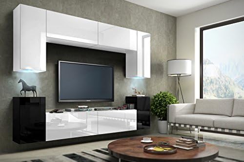 FUTURE 1 Wall Console Unit, Premium Entertainment Package, High Gloss / Mat, TV Stand, Modern Display Units, Brand New Suite, Many Colours (RGB LED Lighting Available) (White&amp;Black MAT base / White&amp;Black HG front, 16-colour illumination with remote control)