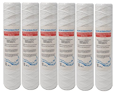 Filtri Acqua Italia Cartuccia Filtro Filo Avvolto 10 Pollici Micron 5 Polipropilene SEDIMENTI Set 6 Pezzi