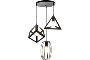 STOEX Suspension Luminaire Vintage Cage Métal Noir, Lustre Industriel 3 Lampes E27 Corde Ajustable pour Salon Cuisine Chambre (Suspension trio à cercle - Noir)