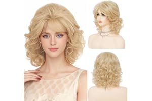 ‎SALAIBS Salaibs Women's Blonde Short Curly Wig with Bangs Shoulder Length 70s 80s Retro Hair Wigs Natural Heat Resistant Fibre Wig for Cosplay Costume Disco Party Use