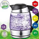 ForMe Bouilloire en verre 1,8 l avec éclairage LED, avec fond en acier inoxydable, éclairage LED avec changement de couleur, température réglable et système de protection contre l'ébullition à sec