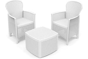 Dmora - Ensemble de salon d'extérieur Naples, Composition de jardin avec 2 fauteuils et 1 table de rangement, Salon effet rotin, 100% Made in Italy, Blanc