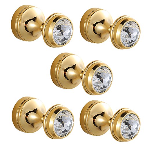 Preisvergleich Produktbild CASEWIND 5 Stück Poliert Gold Finished Handtuchhaken Kleiderhaken Mantelhaken aus Messing Wandmontieren mit Dekoration von Kristal Luxus Stil