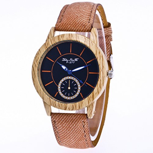 Souarts Womens Brown Artificial Leather Imitation Wood Round Dial Quartz Analog Wrist Watch 24cm