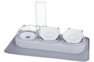 cluis Katzennapf, 3 in 1 erhöhte Katzenfutterschalen mit wasserdichter Haustiermatte Automatische Wasserflasche Ersatz Keramikschüssel Katzennahrung und Wasserspender Set Nass(Keramikschalen)