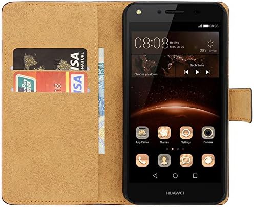 Ambaiyi Genuine Leather Flip Wallet Case Cover for Huawei Y6 II compact , Black