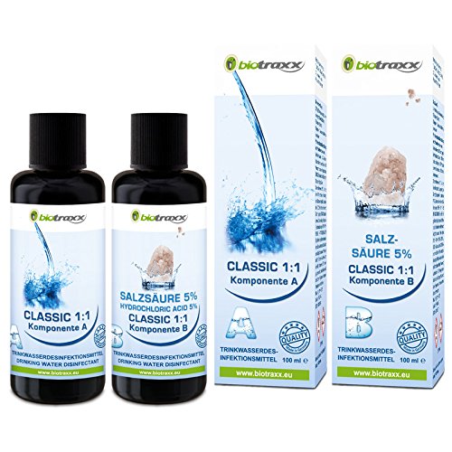 Biotraxx Classic 1:1 Wasser-Desinfektionsmittel-Set, mit 5 % Salzsäure, 2 x 100 ml, im Violettglas für die Wasserbehandlung, Reinigung und Desinfektion, hochwertig, hergestellt in Deutschland