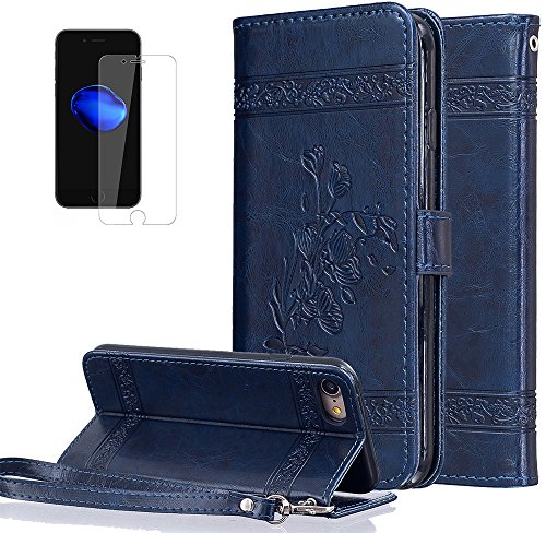 Preisvergleich Produktbild Apple iphone 7(2016) Neu Design Hülle mit Panzerglas,ISENPENK Vintage Design Bookstyle Cover Wasserdicht Shockproof Anti Slip Protection Stoßfest Flip Leder Case mit Standfunktion,Retro Öl Wachsmuster Blume Print Pattern Outdoor Original Stoßdämpfend Magnetic Closure Handyhülle Wallet Tasche Case Schutzhülle Ledertasche für Apple iphone 7(2016) 4.7Zoll-[blau]+Panzerglas / Schutzfoile / Scutzglas