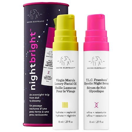 Drunk Elephant nightb Right Duo - Nighttime Skin Care rutina with t.l.c. Fram BOOSTCASE glycolic Night Serum and Virgin marula Luxury facial Oil (8 ml EACH)