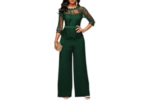seiveini Combinaison Femmes en Dentelle Pantalon Chic Soirée à Col V Manches Longues Pantalons Skinny Slim Fit Combishort Taille Haute Vêtements de Travail Jumpsuit en Dentelle