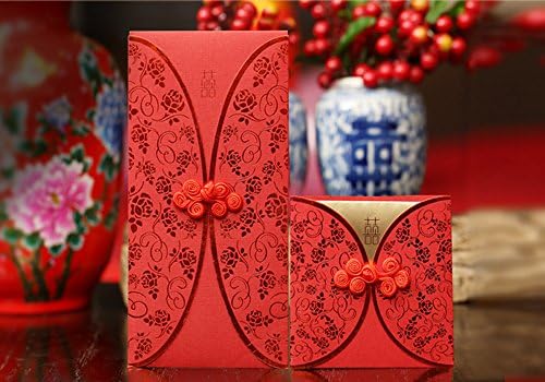 Traditional Chinese Red Envelopes Wedding Cards, Button Loop and Cheongsam Design, New Year Gifts, Red Packets Pack of 5 (7.24''*3.7'')