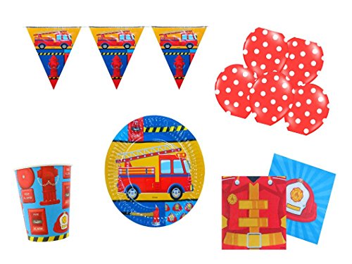Party Deko Set Feuerwehr Kindergeburtstag Junge (39teilig) Partygeschirr Komplettset Kindergeburtstag Feuerwehr