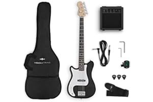 VISIONSTRING E Bass Gitarre Linkshänder mit Verstärker 10W für Erwachsene - Elektrische Bassgitarre Set mit Gitarrentasche, Plektrum, Gurt, Stimmgerät, Kabel - Bass Guitar 4/4 Gitarren Schwartz