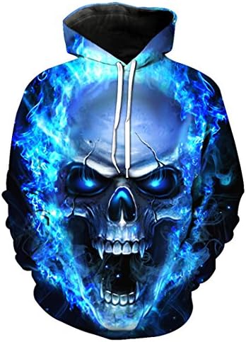 Hoodissx 3D Skull Mens Women Fashion Winter Spring Hip-Hop Sportswear Hooded Sweatshirt Sweatshirt Blue Fire XXL