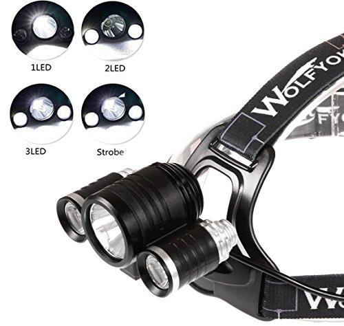 Wolfyok 5000 Lumen LED Aluminium Kopflampe / Fahrradbeleuchtung Set, 3X CREE XM-L XML T6, Super Helle Wasserdichte, 4 Modi Stirnlampe für Outdoor Reiten Nachtangeln Wandern Camping + Fahrrad Rücklicht - 2