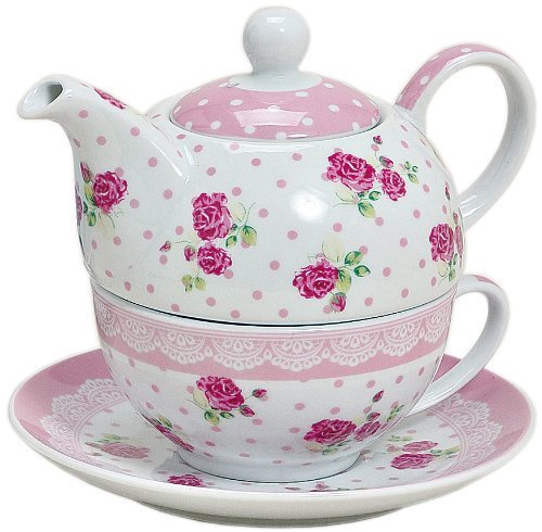 MC-Trend Tea for One Set 3 pièces Théière avec Tasse et sous-Tasse en Roses Fleurs dans la Couleur Rose