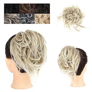 ELAINE Tousled Updo Hair Buns Hair Piece Messy Scrunchies Extension Ponytail with Elastic Rubber Band Mix Curly and Straight Synthetic Hairpieces for Women Girls (Tousled Updo Bun, Light Ash Brown Tip Bleach Blonde-#67)