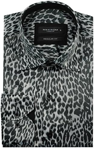 Mens Cheetah Print Silk Feel Smart Casual Italian Designer Style Button Shirt in Black &amp; Gold [Black,2XL]