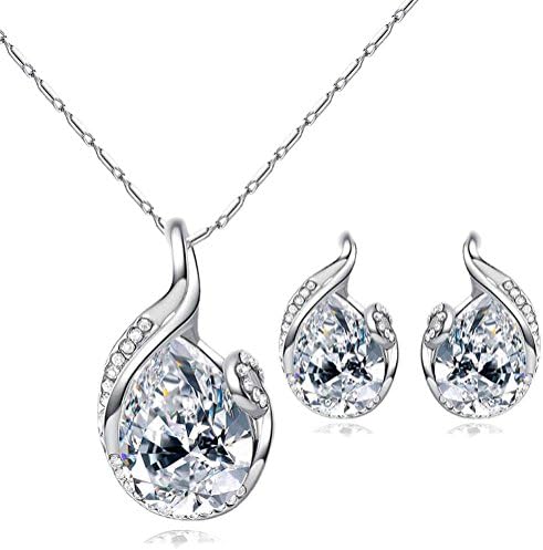 Women Jewellery Set 18K White Gold Plated Crystal Pendant Necklace Stud Earrings Color White