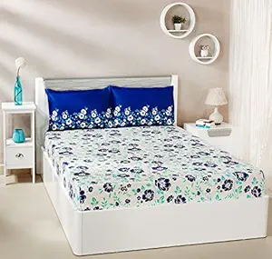 Amazon Brand - Solimo Jasmine Zest 144 TC 100% Cotton Double Bedsheet with 2 Pillow Covers, Blue, Floral