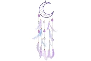 Dimeho Moon Dream Catcher Wall Decor, Purple Pompom Feather Dream Catchers Boho Room Decor Handmade Feather Wall Hanging Ornaments Dreamcatcher for Women Mom Birthday Gift Home Decoration, Purple
