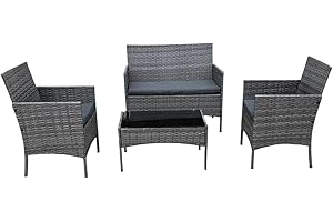 COZYBRITE Rattan Garden Furniture Sofa Set with Coffee Table Chairs 4 Seater for Outdoor Patio Balcony 6210-B (Mixed Grey+Dark Grey Cushions)