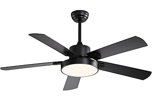 KPUY Ceiling Fan with Lights and Remote Control, Ceiling Fan with 3 Wood Blades, 3 Color Dimmable LED Light, 6 Speed Reversible Quiet DC Motor (5-Blades - 132cm - Black)