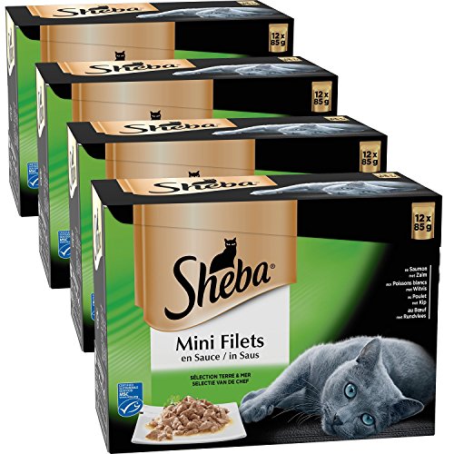 Sheba Mini Filets en Sauce pour Chat Adulte - Nourriture Humide pour Chats - Sélection Terre & Mer - Sachets Fraîcheur 48 x 85g