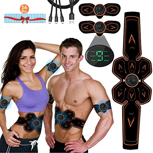 iThrough Electroestimulador Muscular Abdominales, EMS Estimulador Muscular Abdominales Cinturón, ABS Estimulador Muscular USB Recargable para Bdomen/Brazo/Piernas/Glúteos,Almohadillas de Gel 16pcs