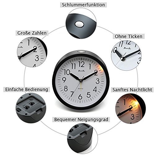 DreamSky Analog Quarzwecker mit Nachtlicht, 4 Zoll großes Zifferblatt, Tischuhr mit Schlummerfunktion, laut, ansteigender Weckton, kein Ticken, geräuschlos, Batteriebetrieben, Schwarz - 2