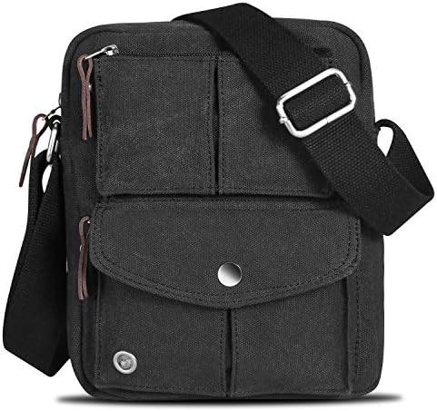 Canvas Messenger Bag, Vintage Shoulder Bag Satchel Bag for Women and Men, Small Casual Everyday Cross Body Travel Bag for 9.7" Ipad (Black)
