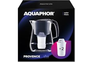 AQUAPHOR Wasserfilter Provence Schwarz inkl. 2 A5 Filter I Karaffe für 4,2l I Großer WasserfiIter Glasoptik I Reduziert Kalk & Chlor I Tischwasserfilter I Stylischer Behälter I Perfekt für die Familie