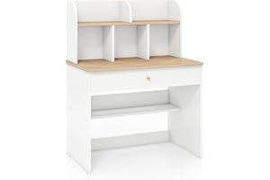 SFAREST Kids Study Table, Wooden Children Desk with Hutch & Drawer, Open Shelf, Student Writing Table for Drawing, Reading, Studying