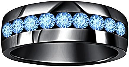 .925 Sterling Silver 14k Black Gold Plated Round Cut Created Blue Topaz 9-Stone Men's Wedding Band Anniversary Ring