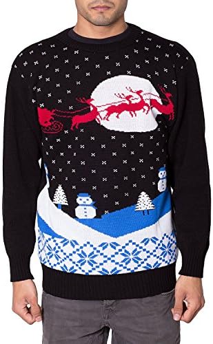 Mens 70's Jumper Sweater Retro Christmas Xmas Unisex Santa Reindeer Sleigh Winter Fairisle Christmass Night Red Black Knitwear Size S M L XL (S, Black Reindeer Santa Sleigh)