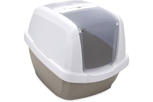 PETGARD Inodoro para gatos con puerta basculante, color blanco y gris